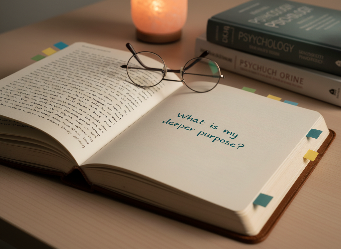 An open journal with thick, cream-colored pages lies on a clean birch desk, its pages filled on one side with neatly written reflections and the opposite page mostly blank except for a centered phrase, “What is my deeper purpose?” in calm, dark teal ink. A pair of simple, round reading glasses rests near the spine, and colored sticky tabs peek from earlier pages. In the background, softly out of focus, are two psychology books stacked beside a small, glowing salt lamp. Warm, diffused evening light creates a cozy, introspective atmosphere. Photographic realism, captured from a close, three-quarter overhead perspective with a shallow depth of field that draws the eye to the guiding question.