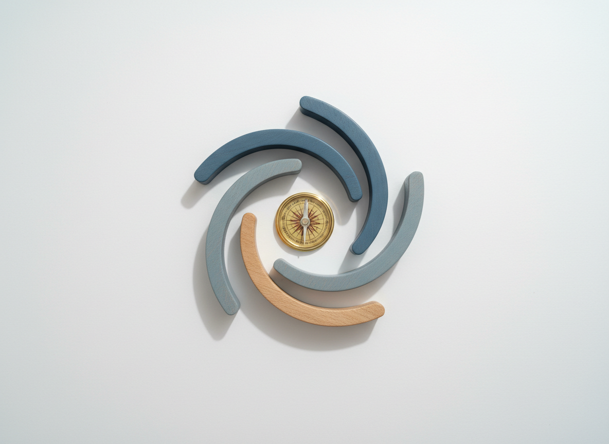 A minimalist, symbolic representation of mental flexibility: a series of smooth, interlocking wooden arcs in muted blues and natural wood tones arranged in a gentle, open spiral on a matte white surface. A single, small compass rests at the center of the spiral, its needle clearly visible, pointing steadily north. Soft, indirect daylight from above and slightly to the right creates subtle gradients and delicate shadows that emphasize the curves and textures. The mood is calm, clear, and hopeful. Photographic realism with a centered composition and generous negative space, ideal as a modern, professional visual metaphor for ACT therapy, values, and flexible thinking.