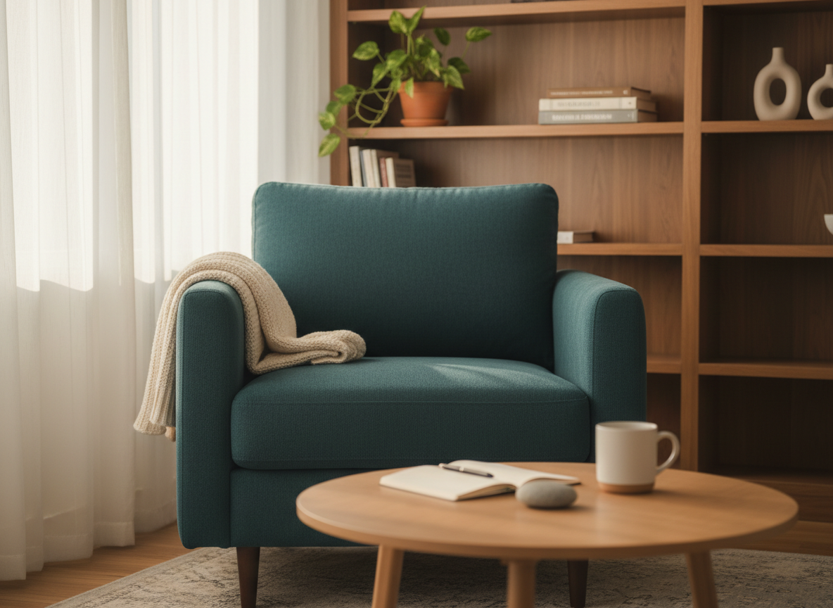 A warmly lit therapy office without any people, centered around a plush, deep teal armchair with a soft, textured fabric and a folded cream throw draped over one arm. The chair faces a low, light-oak coffee table holding a small notebook, a smooth river stone, and a simple ceramic mug. Behind, a tall bookshelf displays a few neatly arranged psychology books and a small potted plant. Late afternoon natural light filters through sheer white curtains, creating gentle shadows and a calm, grounded atmosphere. Photographic realism, eye-level composition, with a shallow depth of field that keeps the chair in sharp focus while softly blurring the background, evoking safety, reflection, and professional care.