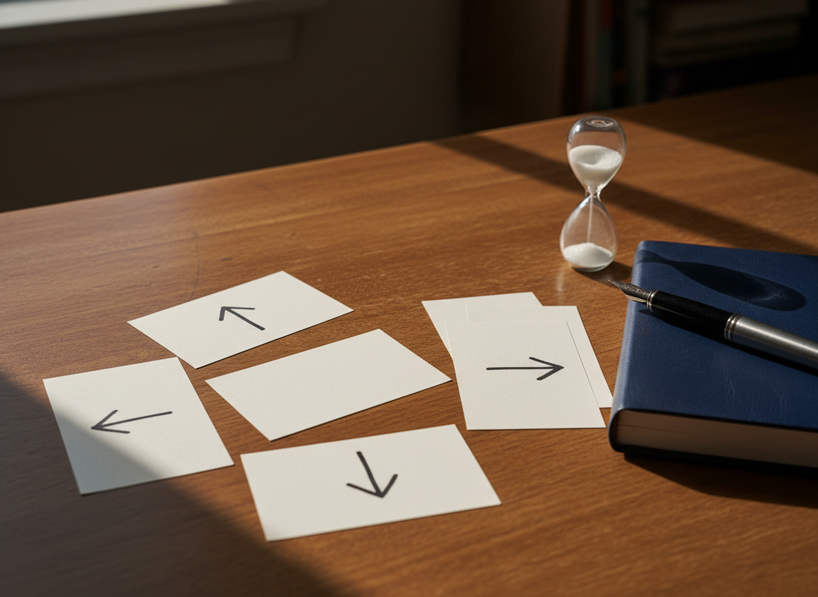 A symbolic crossroads scene constructed on a smooth wooden desktop: several neatly arranged index cards with hand-drawn arrows point in different directions around a central blank card, suggesting choice and uncertainty. Beside them rests a closed, navy-blue journal with a fountain pen laid carefully across it, and a small hourglass with fine white sand mid-fall. Natural window light from the left casts soft, contemplative shadows across the objects. Photographic realism with a slightly elevated angle and rule-of-thirds composition, creating a thoughtful, introspective mood that reflects life transitions and decision-making for teens and young adults.